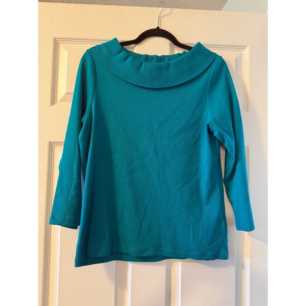 Rafaella Teal Blue Ribbed Portrait Collar 3/4 Sleeve Top Large
